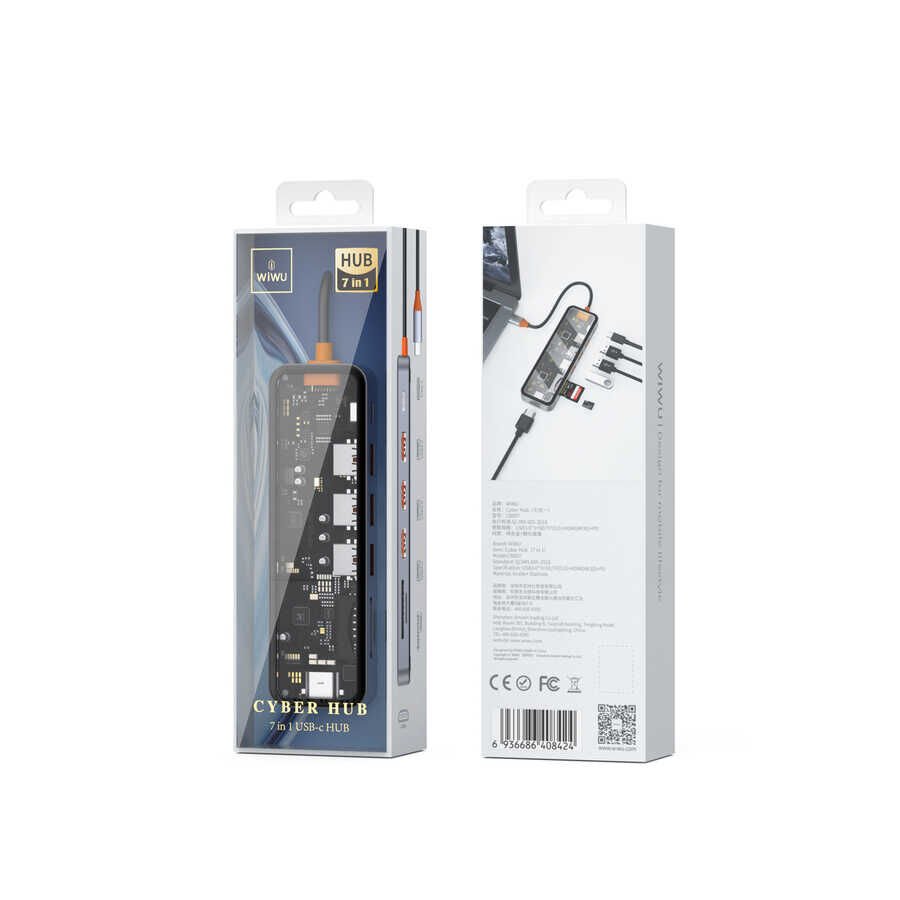 Wiwu CB007 Cyber 7 in 1 Type-C Hub 100W Şarj Destekli Şeffaf Görünümlü SD Kart-Hdmi-Usb Çoğaltıcı