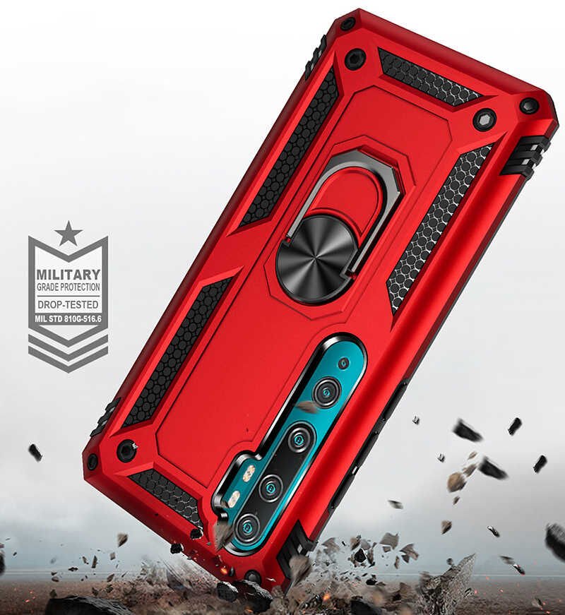 Xiaomi Mi Note 10 Kılıf Zırh Yüzüklü Mıknatıslı Standlı Kapak (VEGA) Gold