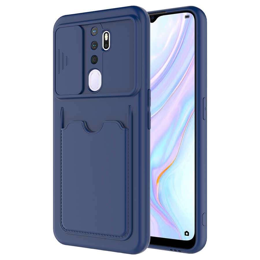 Oppo A5 2020 Kılıf Cüzdan Sürgülü Kamera Korumalı Kartllıklı Bölmeli Kapak (Kartix) Lacivert