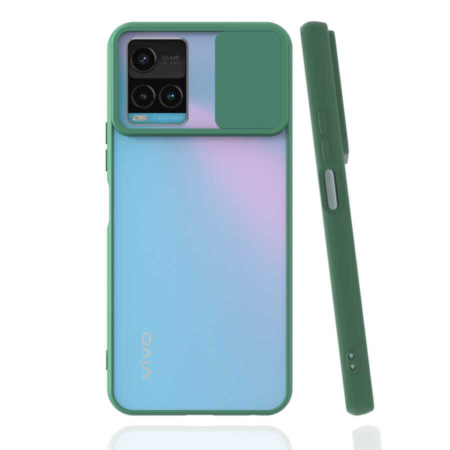 Vivo Y21S Kılıf Slayt Sürgülü Kamera Korumalı Renkli Silikon Kapak Koyu Yeşil