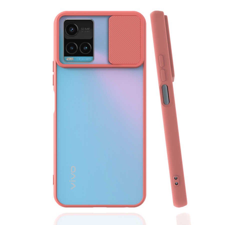 Vivo Y21S Kılıf Slayt Sürgülü Kamera Korumalı Renkli Silikon Kapak Pembe Açık