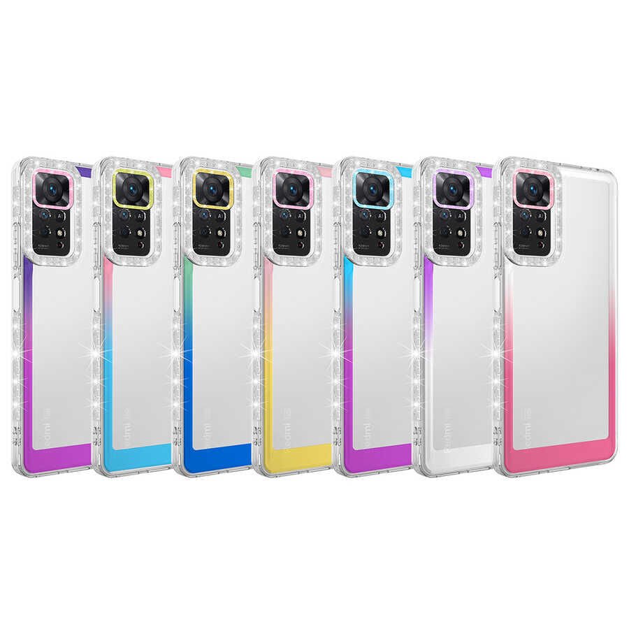 Xiaomi Redmi Note 11 Pro 5G Kılıf Simli Renkli Parlak Kamera Lens Korumalı Transparan Kapak (Park) Pembe-Sarı