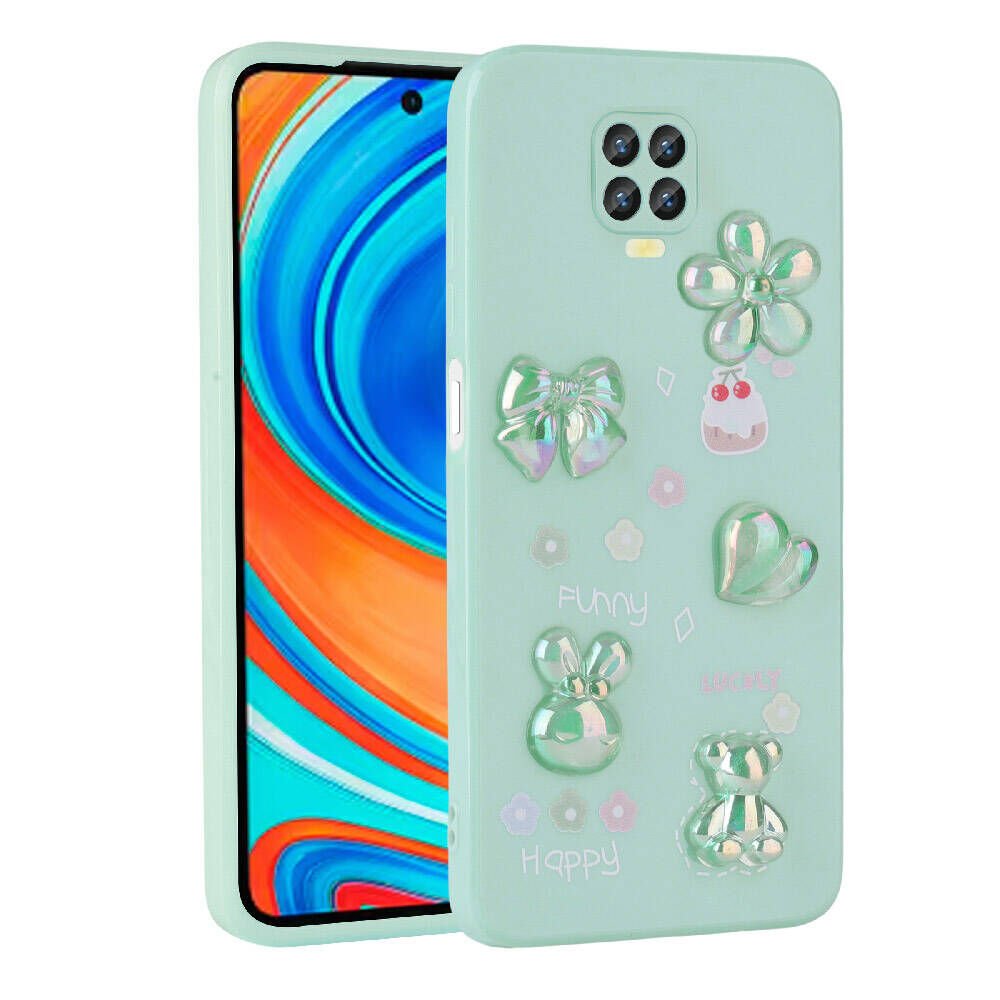 Xiaomi Redmi Note 9S Kılıf Kamera Korumalı Kabartma Figürlü Parlak Silikon Kapak (Toys) Açık Yeşil