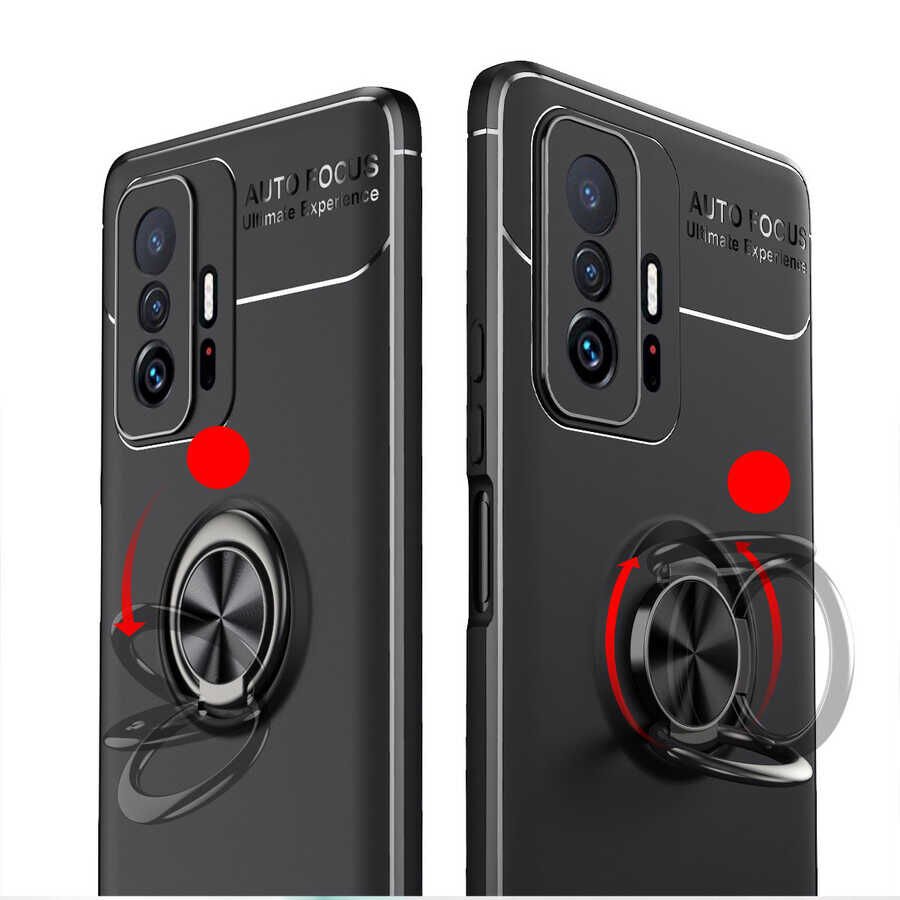 Xiaomi Mi 11T 5G Kılıf Kamera Çıkıntılı Renkli Yüzüklü Standlı Mıknatıslı Kapak (RAVEL) Siyah-Kırmızı