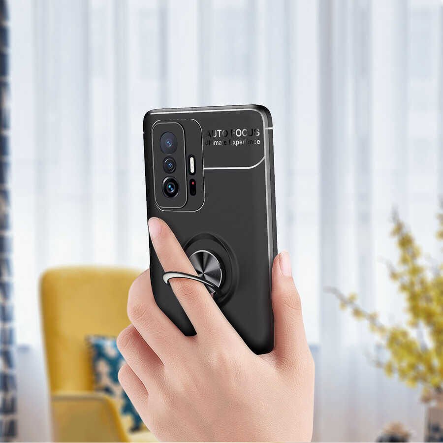 Xiaomi Mi 11T 5G Kılıf Kamera Çıkıntılı Renkli Yüzüklü Standlı Mıknatıslı Kapak (RAVEL) Siyah-Kırmızı
