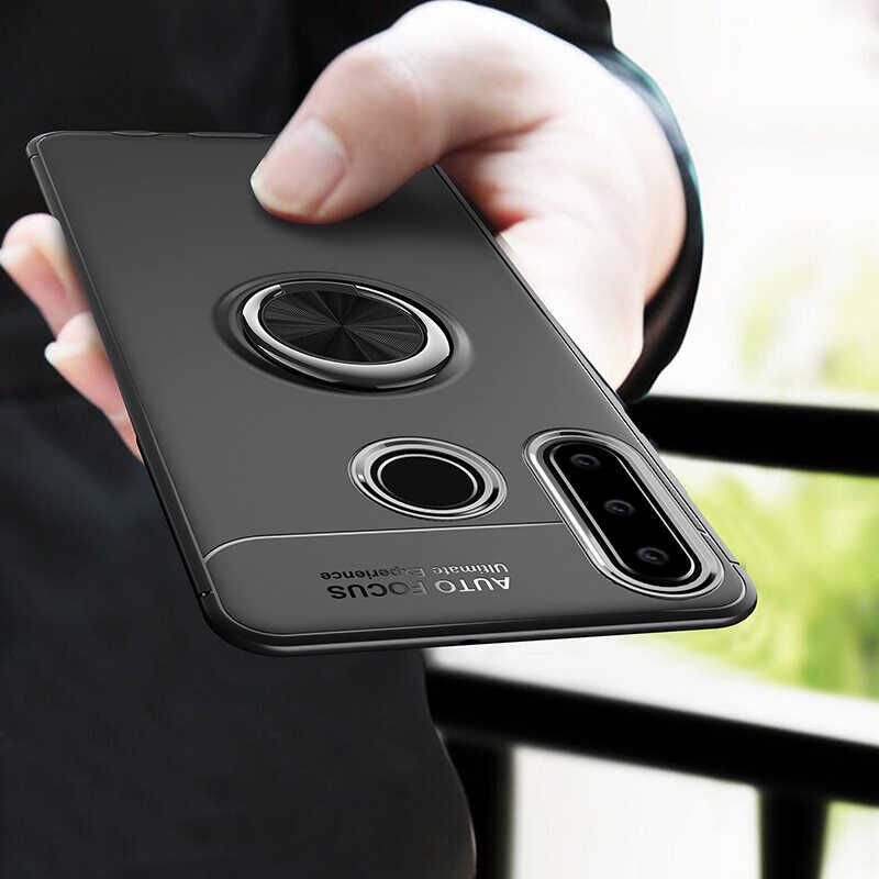 Huawei Y6P Kılıf Kamera Çıkıntılı Renkli Yüzüklü Standlı Mıknatıslı Kapak (RAVEL) Siyah