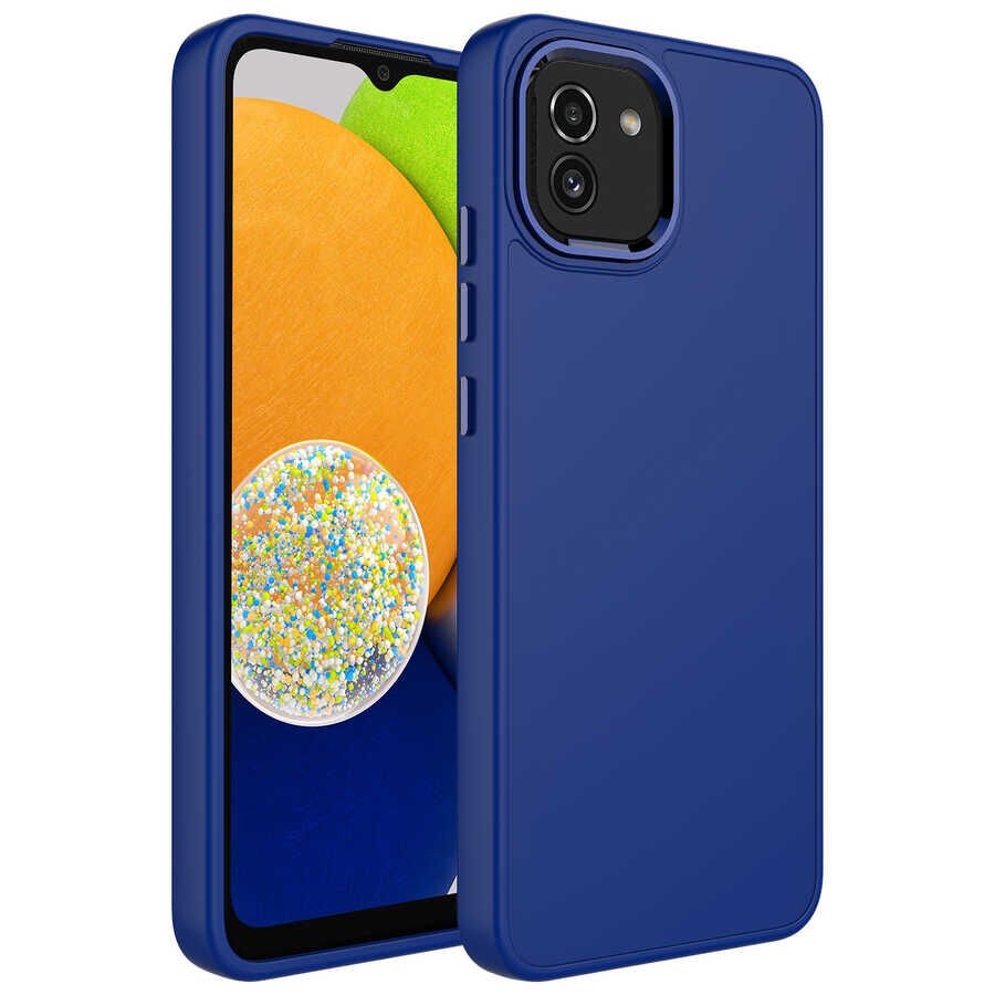 Samsung Galaxy A03 Kılıf Metal Çerçeveli Hassas Butonlu Renkli İçi Kadife Lansman Kapak (LUNA) Lacivert
