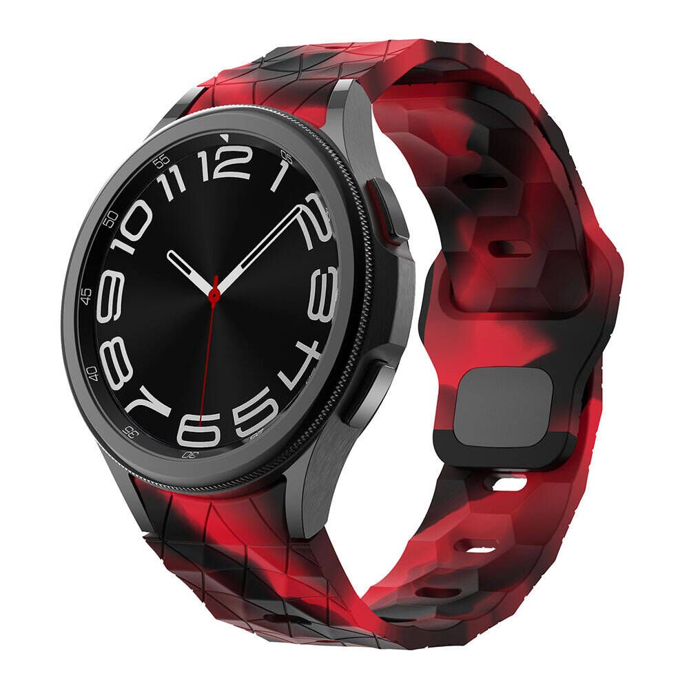 Samsung Galaxy Watch 6 44mm 20mm Futbol Desenli Spor Tasarımlı Silikon Kordon (KRD-116) Siyah-Kırmızı