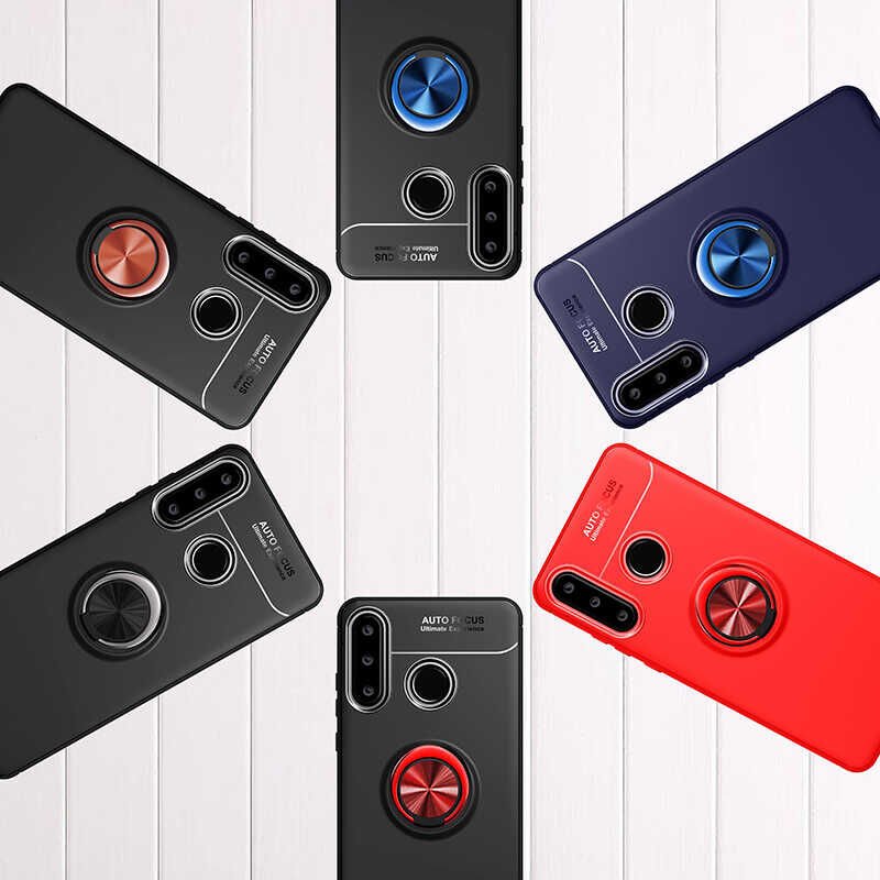 Huawei Y6P Kılıf Kamera Çıkıntılı Renkli Yüzüklü Standlı Mıknatıslı Kapak (RAVEL) Siyah-Kırmızı
