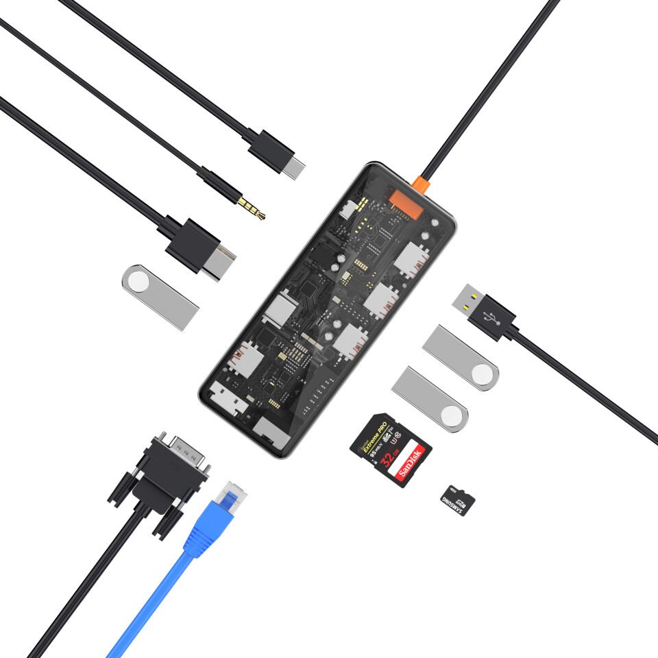 Wiwu CB011 Cyber 11 in 1 Type-C Hub 100W Şarj Destekli Şeffaf Görünümlü SD Kart-RJ45-Hdmi-VGA-Usb Çoğaltıcı