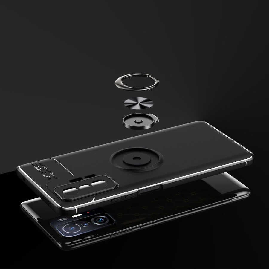 Xiaomi Mi 11T Pro 5G Kılıf Kamera Çıkıntılı Renkli Yüzüklü Standlı Mıknatıslı Kapak (RAVEL) Siyah-Rose Gold