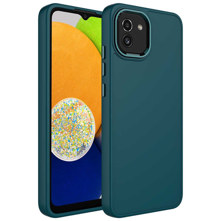Samsung Galaxy A03 Kılıf Metal Çerçeveli Hassas Butonlu Renkli İçi Kadife Lansman Kapak (LUNA) Koyu Yeşil