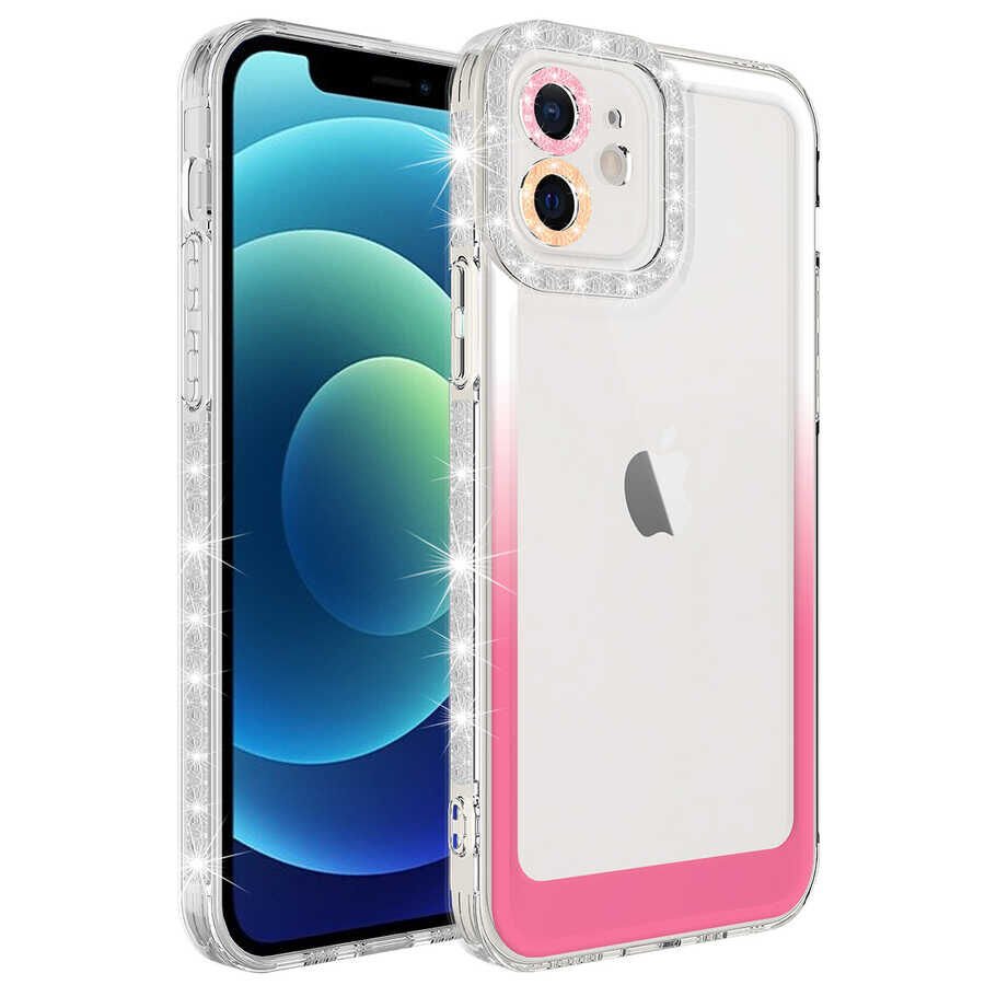 Apple iPhone 11 Kılıf Simli Renkli Parlak Kamera Lens Korumalı Transparan Kapak (Park) Mor-Pembe