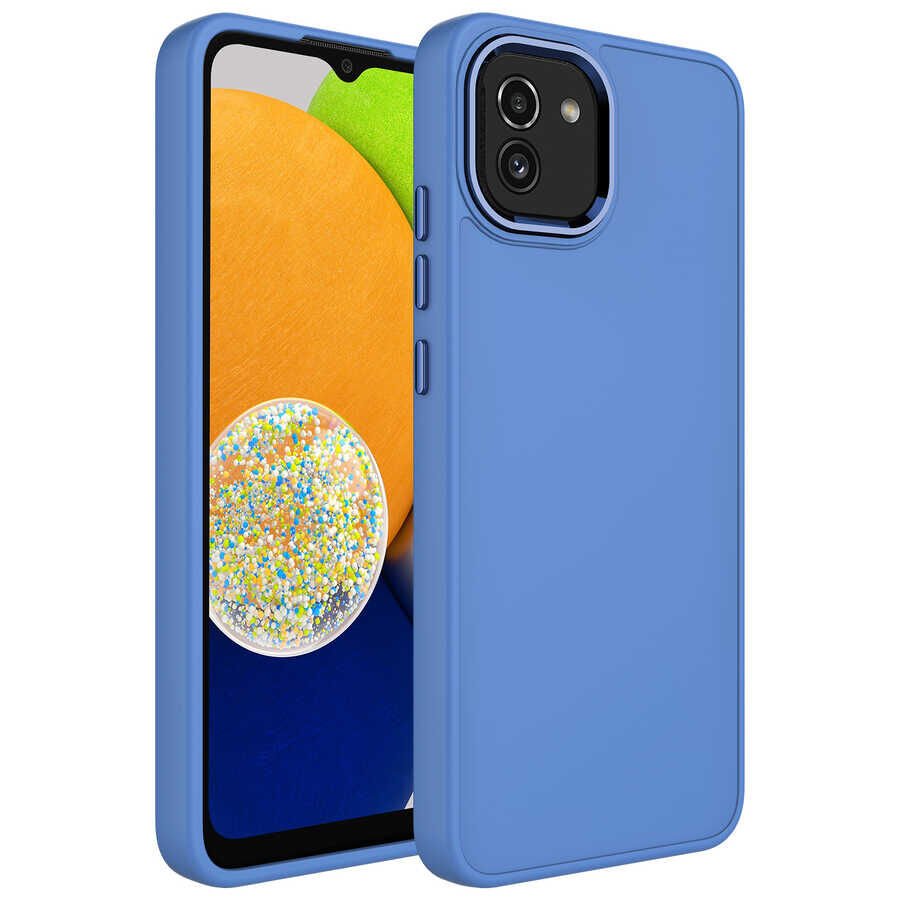 Samsung Galaxy A03 Kılıf Metal Çerçeveli Hassas Butonlu Renkli İçi Kadife Lansman Kapak (LUNA) Lavendery Gray