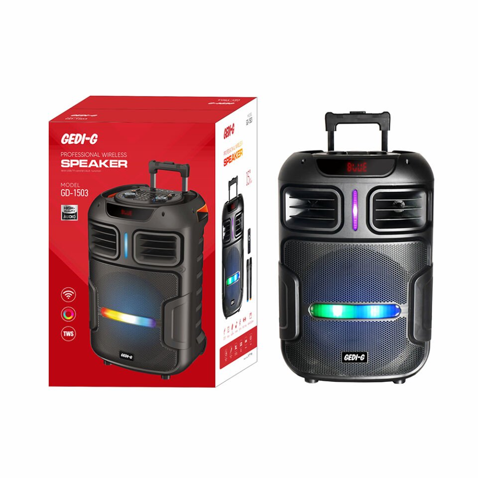 HEPTEKİLETİŞİM GD-1503 Dijital LED Göstergeli FM Radyolu Mikrofonlu RGB TWS 15 inç Stereo Bass Kablosuz Karaoke Hoparlör