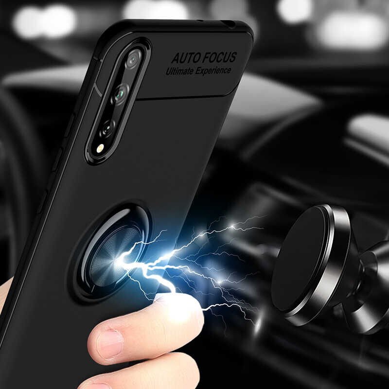 Huawei P Smart S (Y8P) Kılıf Kamera Çıkıntılı Renkli Yüzüklü Standlı Mıknatıslı Kapak (RAVEL) Mavi