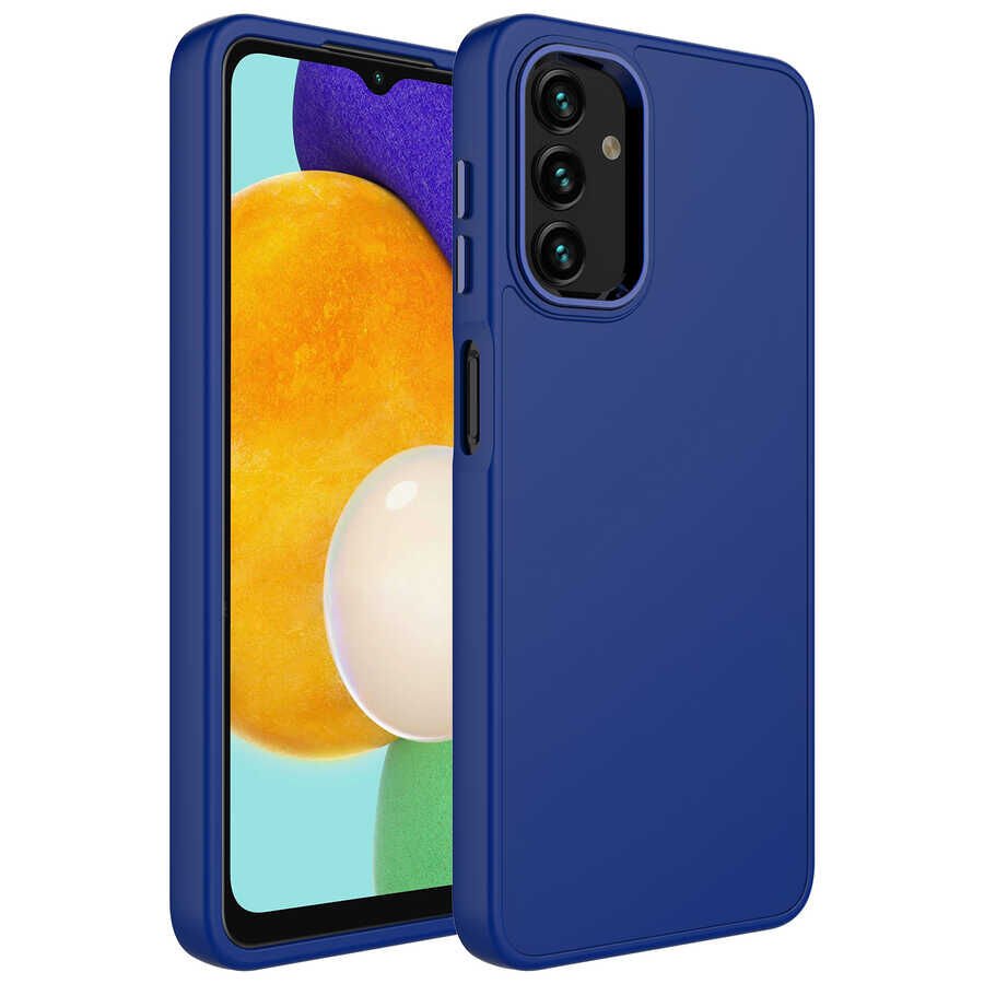 Samsung Galaxy A13 4G Kılıf Metal Çerçeveli Hassas Butonlu Renkli İçi Kadife Lansman Kapak (LUNA) Lacivert