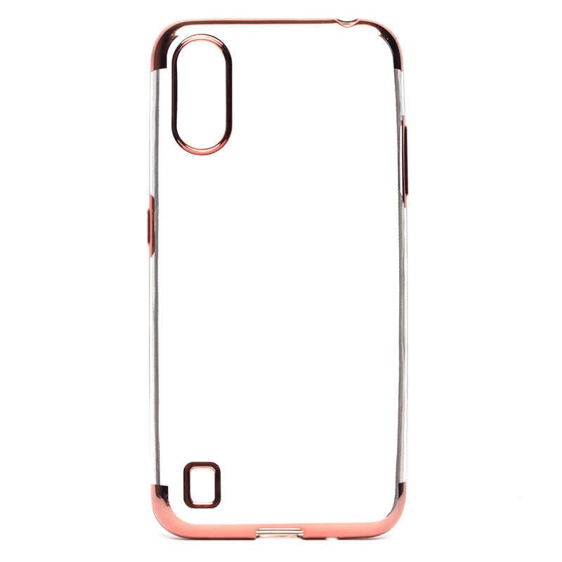 Samsung Galaxy A01 Kılıf Dört Köşe Renkli Lazer Şeffaf Silikon Kapak (GLİTTER) Rose Gold