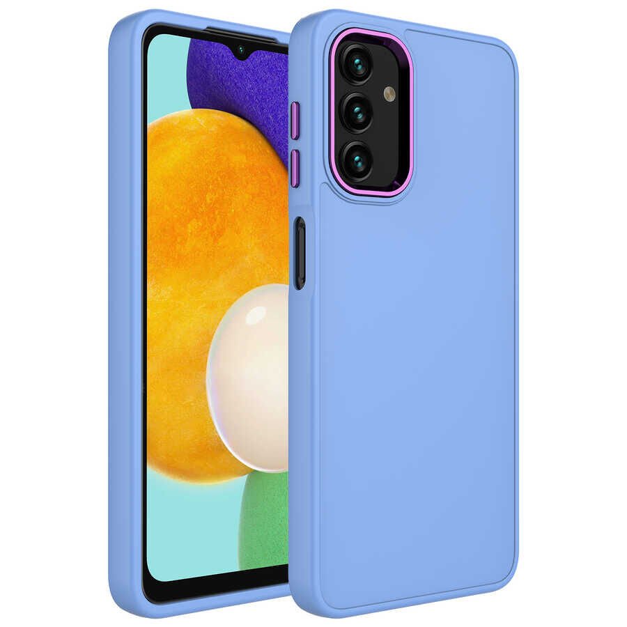 Samsung Galaxy A13 4G Kılıf Metal Çerçeveli Hassas Butonlu Renkli İçi Kadife Lansman Kapak (LUNA) Lila
