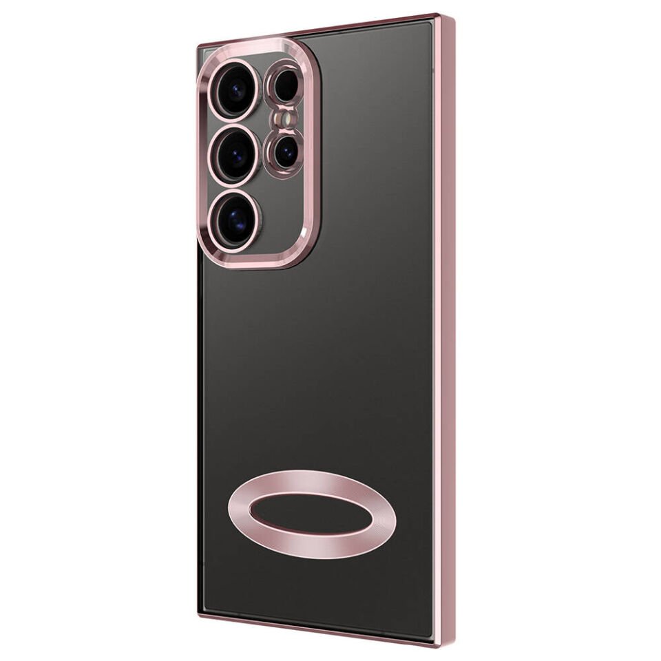 Samsung Galaxy S24 Ultra Kılıf Kamera Lens Korumalı Logo Gösteren Parlak Kenarlı Kapak (OMEGA) Rose Gold
