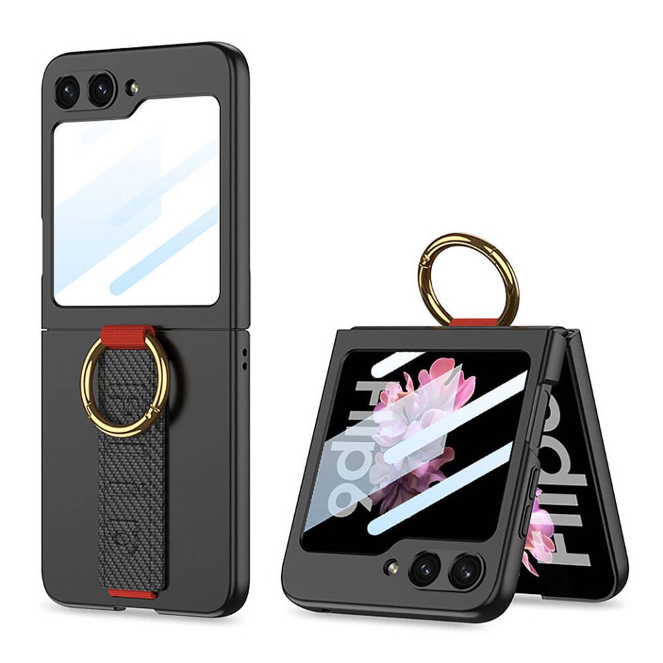 Samsung Galaxy Z Flip 6 Kılıf Kamera Korumalı Yüzüklü Karbon Tasarımlı Kıpta Kapak (Flip Ring) Siyah