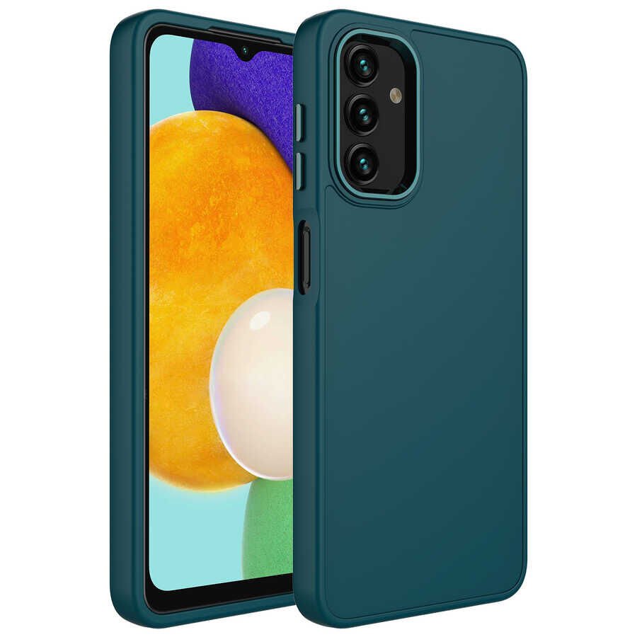 Samsung Galaxy A13 4G Kılıf Metal Çerçeveli Hassas Butonlu Renkli İçi Kadife Lansman Kapak (LUNA) Koyu Yeşil