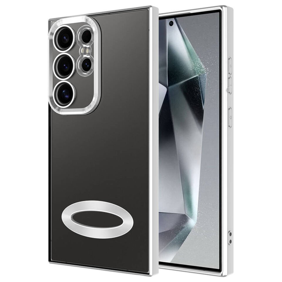 Samsung Galaxy S24 Ultra Kılıf Kamera Lens Korumalı Logo Gösteren Parlak Kenarlı Kapak (OMEGA) Gümüş