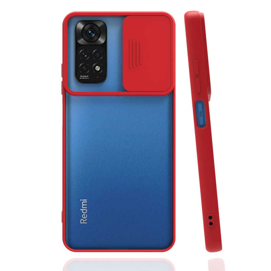 Xiaomi Redmi Note 11 Global Kılıf Slayt Sürgülü Kamera Korumalı Renkli Silikon Kapak Kırmızı