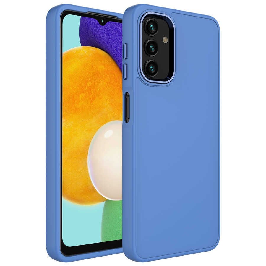 Samsung Galaxy A13 4G Kılıf Metal Çerçeveli Hassas Butonlu Renkli İçi Kadife Lansman Kapak (LUNA) Lavendery Gray