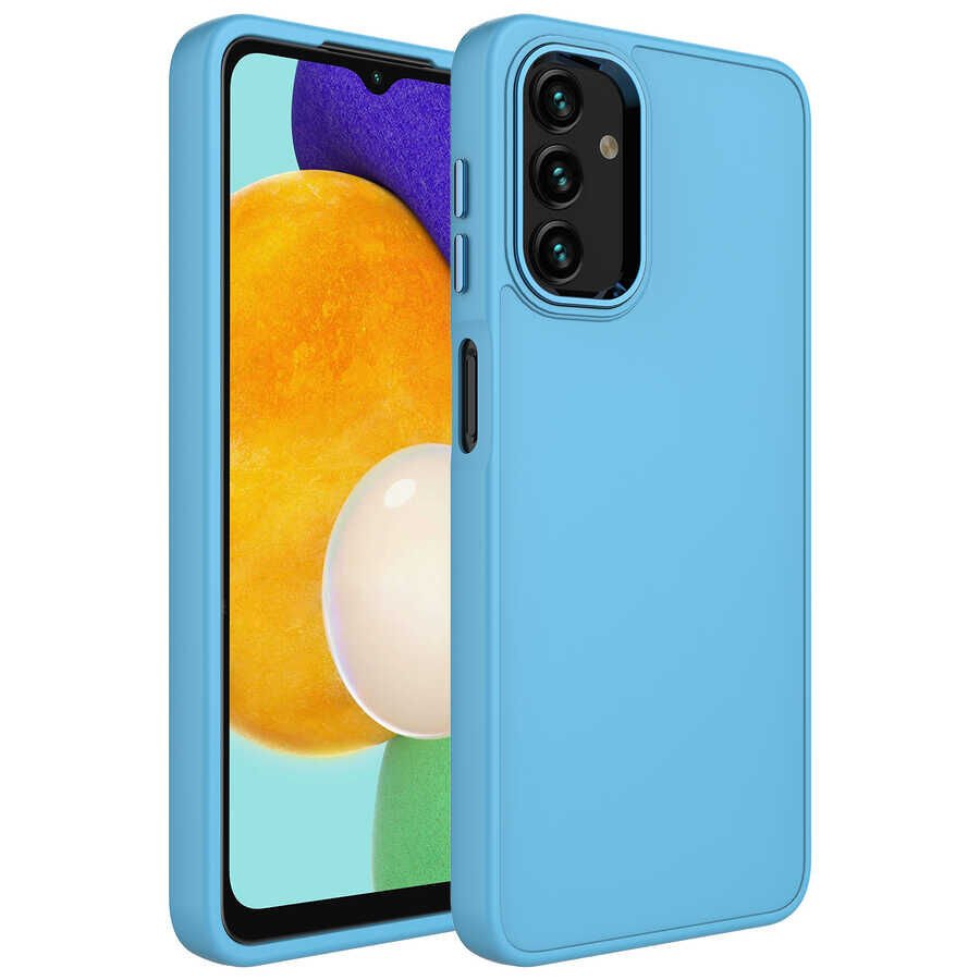 Samsung Galaxy A13 4G Kılıf Metal Çerçeveli Hassas Butonlu Renkli İçi Kadife Lansman Kapak (LUNA) Sierra Mavi