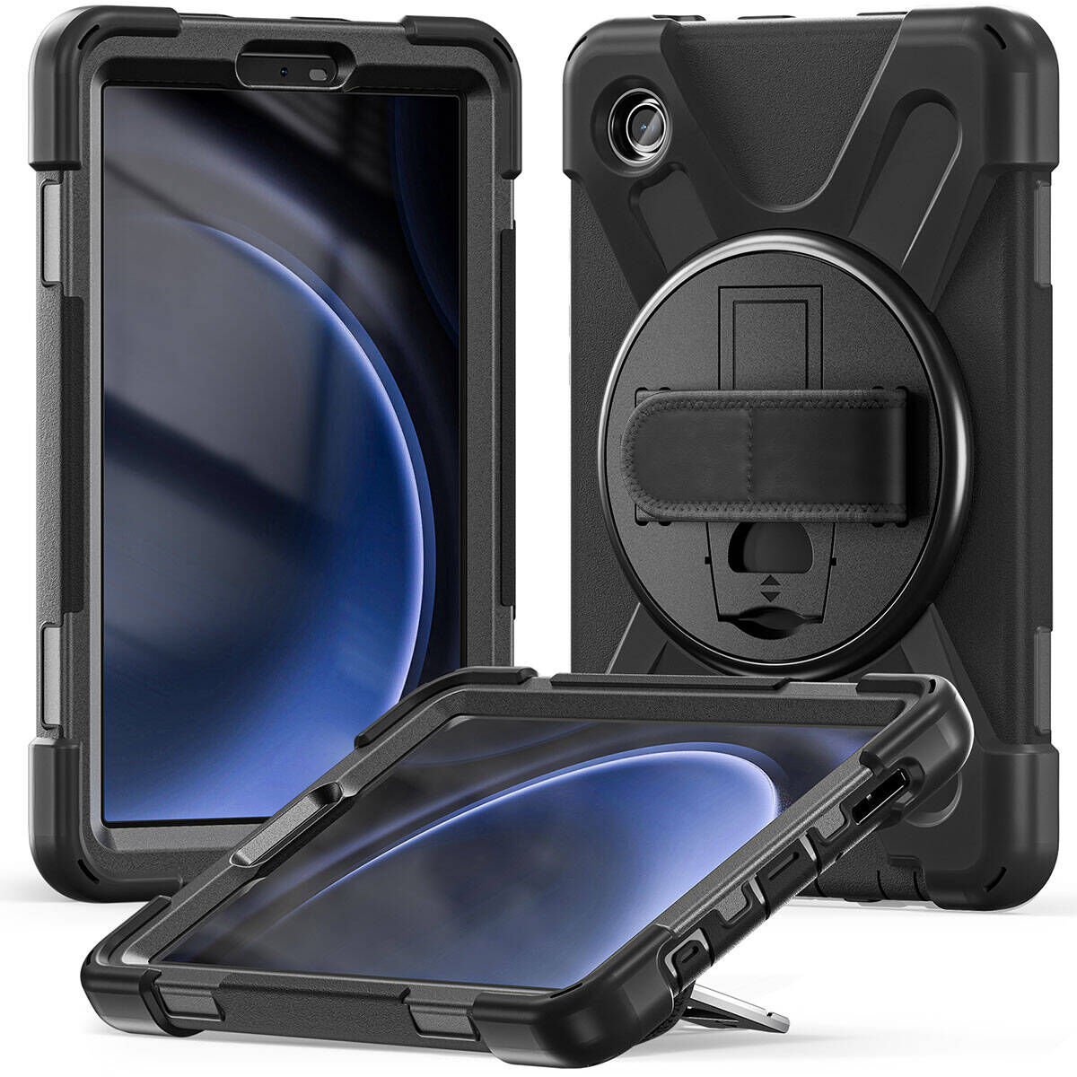 Samsung Galaxy Tab A9 SM-X110 Kılıf Askılı Standlı Tank Koruyucu Dönebilen Kapak (DEFENDER) Siyah