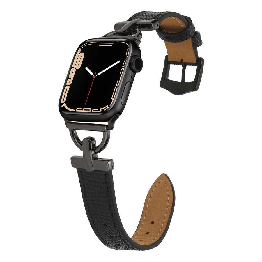 Apple Watch 2/3/4/5/6/7/8/se/nike 38mm 40mm 41mm Metal Suni Deri Kordon Tasarım (KRD-53) Siyah