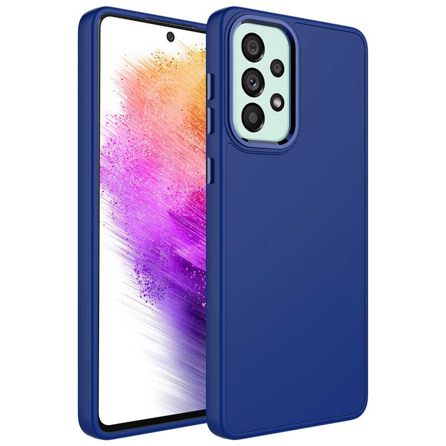 Samsung Galaxy A23 Kılıf Metal Çerçeveli Hassas Butonlu Renkli İçi Kadife Lansman Kapak (LUNA) Lacivert
