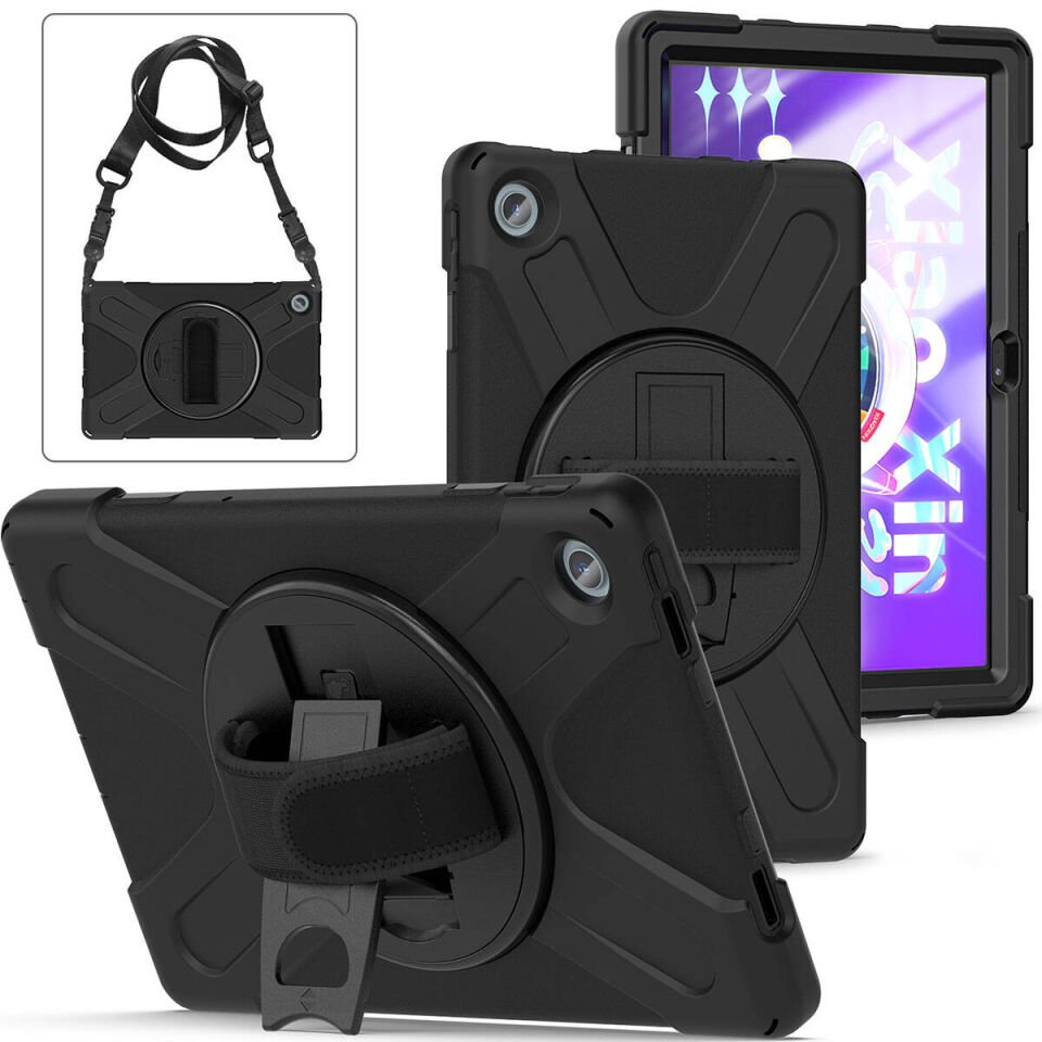 Lenovo Tab M10 Plus TB-125F - TB-128F 3. Jenerasyon Kılıf Askılı Standlı Tank Koruyucu (DEFENDER) Siyah