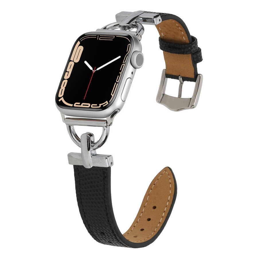 Apple Watch 2/3/4/5/6/7/8/se/nike 38mm 40mm 41mm Metal Suni Deri Kordon Tasarım (KRD-53) Siyah-Gümüş