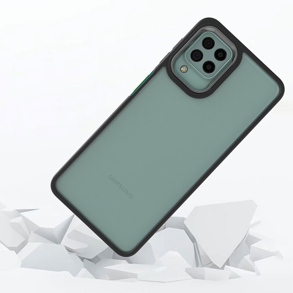 Samsung Galaxy A12 Kılıf Kamera Çıkıntılı Arkası Şeffaf Hassas Tuşlu Kenarlı Kapak (Flora) Mavi