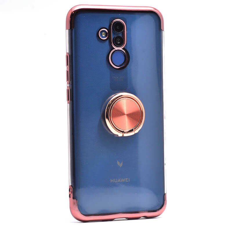 Huawei Mate 20 Lite Kılıf Yüzüklü Standlı Silikon Köşeleri Renkli Kapak (GES) Rose Gold