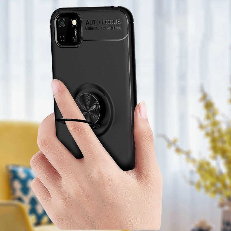 Huawei Y5P Kılıf Kamera Çıkıntılı Renkli Yüzüklü Standlı Mıknatıslı Kapak (RAVEL) Siyah-Mavi