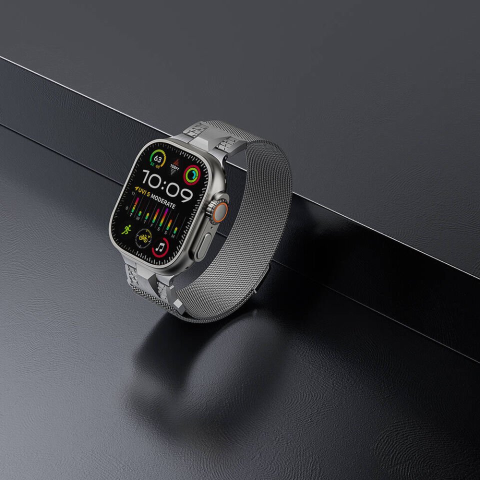 Apple Watch 2/3/4/5/6/7/8/9/se/ultra/nike 42mm 44mm 45mm 49mm Metal Hasır Kordon (KRD-107) Gri