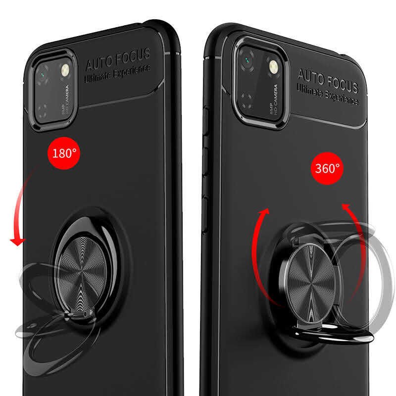 Huawei Y5P Kılıf Kamera Çıkıntılı Renkli Yüzüklü Standlı Mıknatıslı Kapak (RAVEL) Siyah-Rose Gold