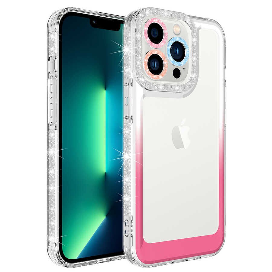 Apple  iPhone 12 Pro Max Kılıf Simli Renkli Parlak Kamera Lens Korumalı Transparan Kapak (Park) Beyaz-Pembe