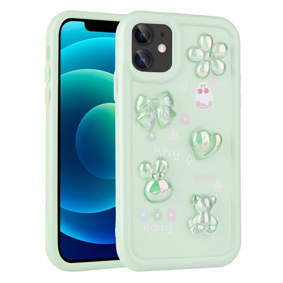 Apple iPhone 12 Kılıf Kabartma Figürlü Parlak HEPTEKİLETİŞİM Toys Silikon Kapak