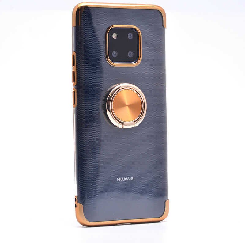 Huawei Mate 20 Pro Kılıf Yüzüklü Standlı Silikon Köşeleri Renkli Kapak (GES) Gold