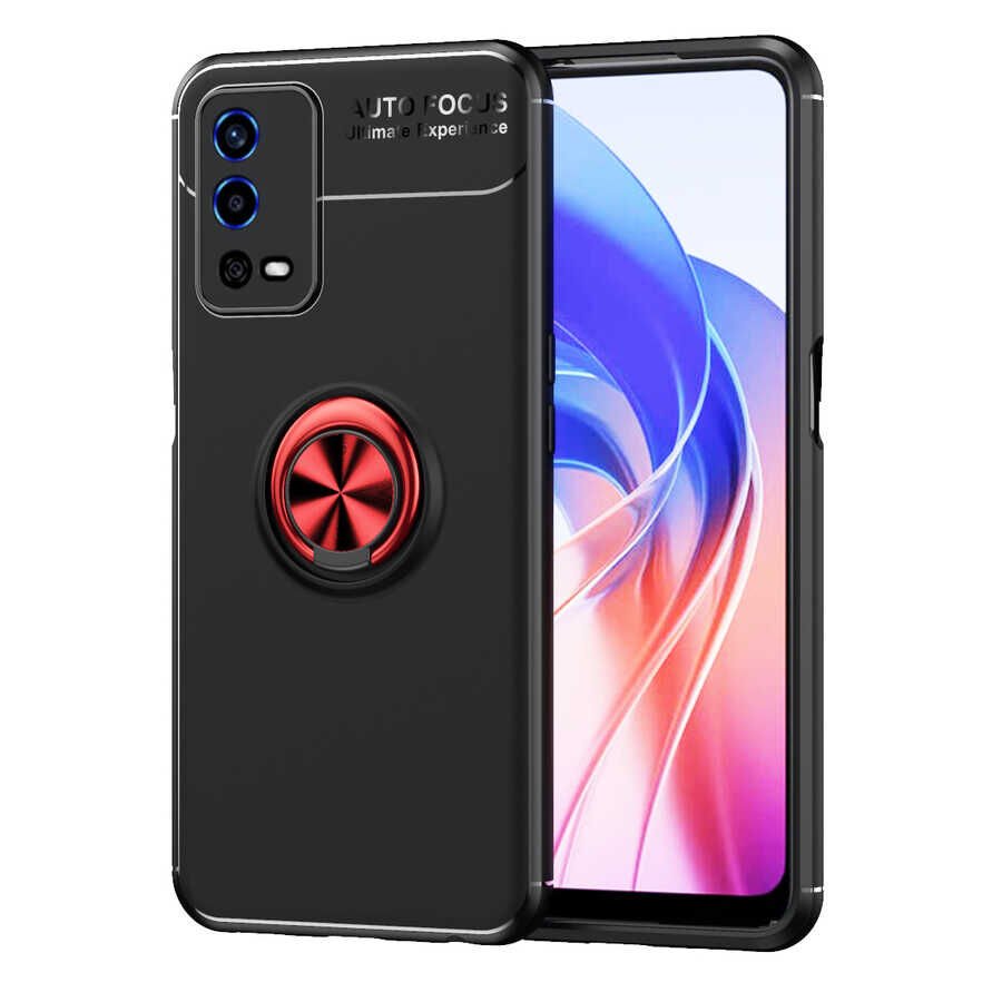 Oppo A55 4G Kılıf Kamera Çıkıntılı Renkli Yüzüklü Standlı Mıknatıslı Kapak (RAVEL) Siyah-Kırmızı