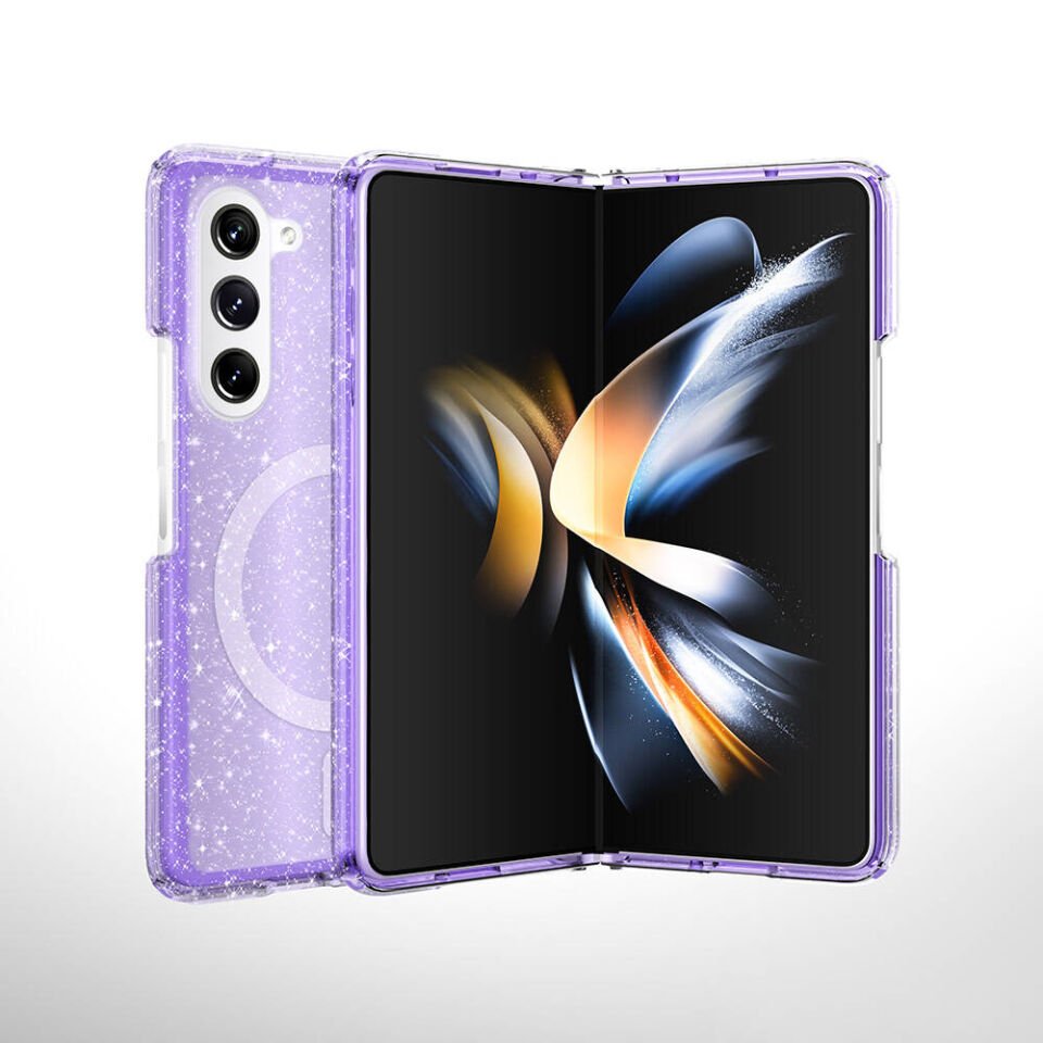 Samsung Galaxy Z Fold 6 Kılıf Magsafe Şarj Özellikli Parlayan Simli Saydam Renkli Kapak (Allstar) Pembe