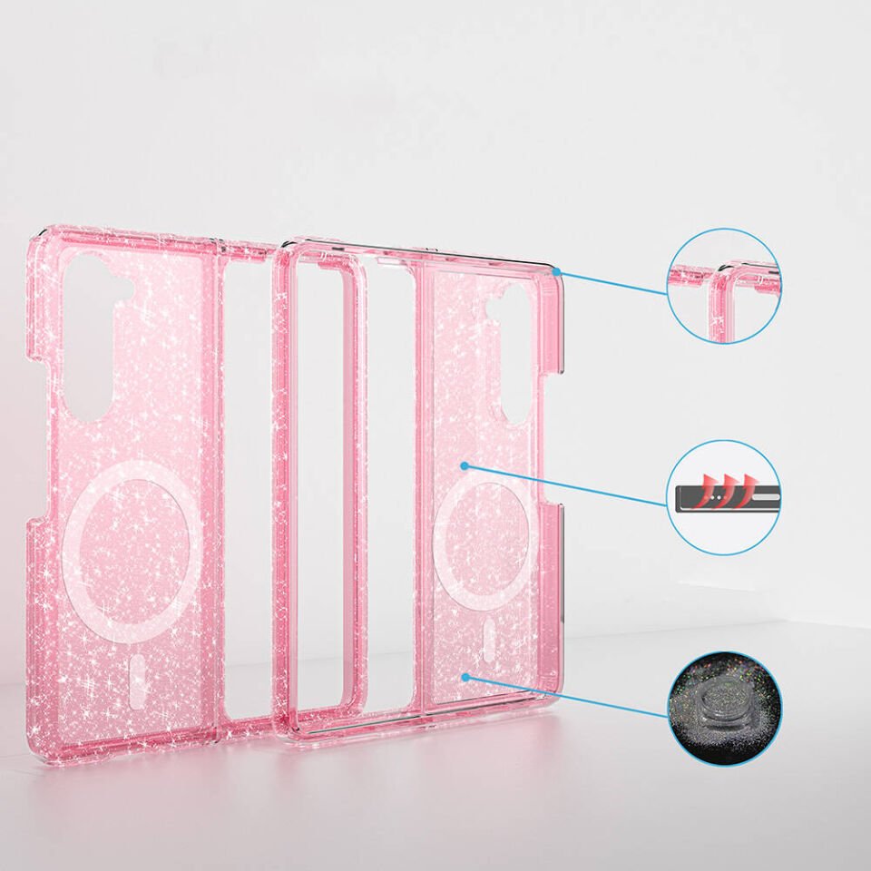 Samsung Galaxy Z Fold 6 Kılıf Magsafe Şarj Özellikli Parlayan Simli Saydam Renkli Kapak (Allstar) Pembe