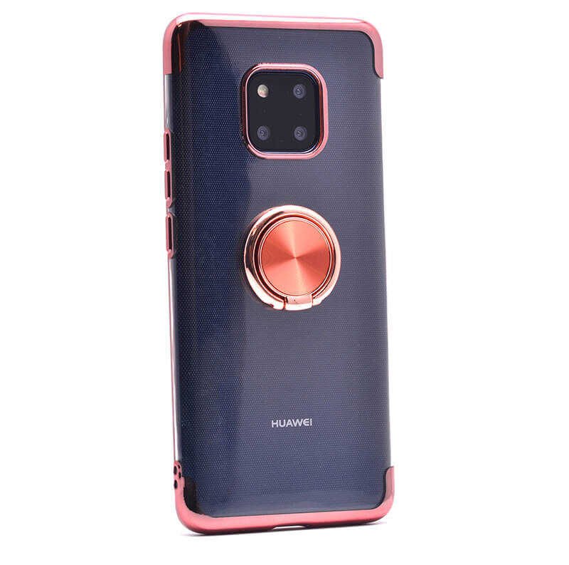 Huawei Mate 20 Pro Kılıf Yüzüklü Standlı Silikon Köşeleri Renkli Kapak (GES) Rose Gold