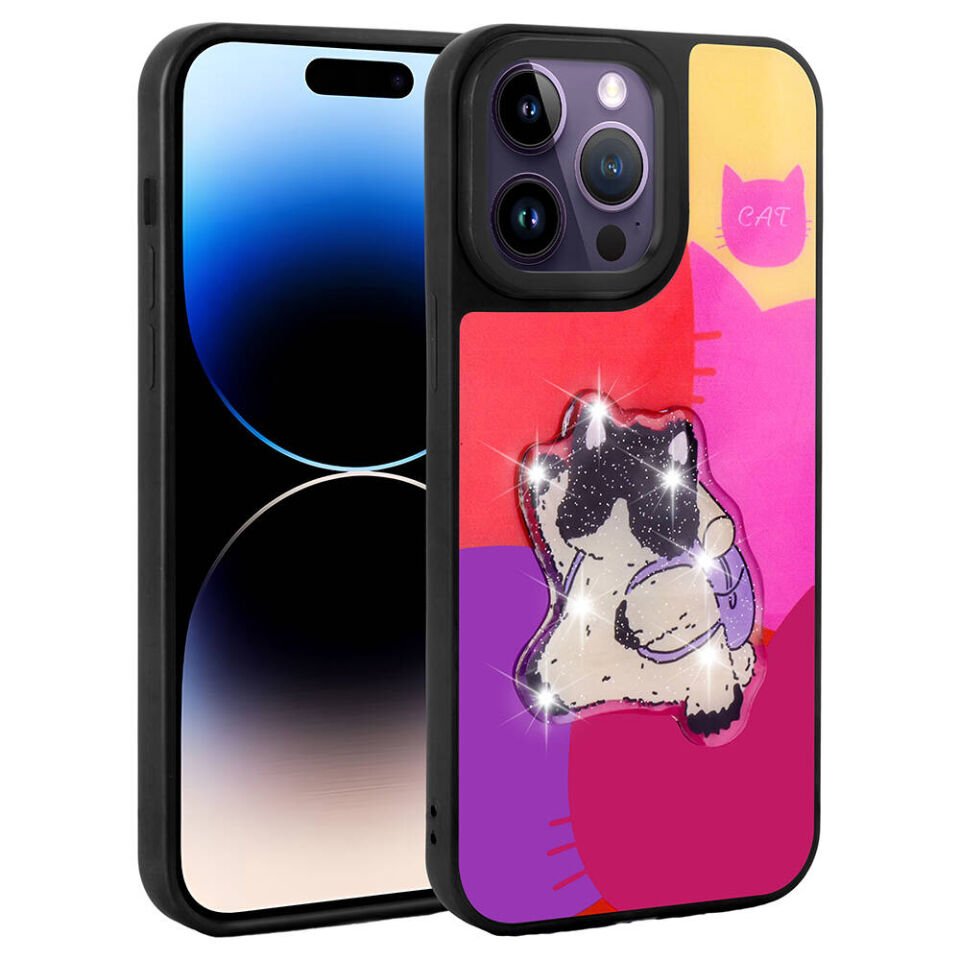 Apple  iPhone 14 Pro Kılıf Parlayan Kabartmalı İkonik Figürlü Silikon Kapak (Amas) Mor