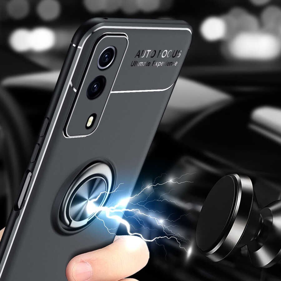 Vivo Y53S 4G Kılıf Kamera Çıkıntılı Renkli Yüzüklü Standlı Mıknatıslı Kapak (RAVEL) Kırmızı