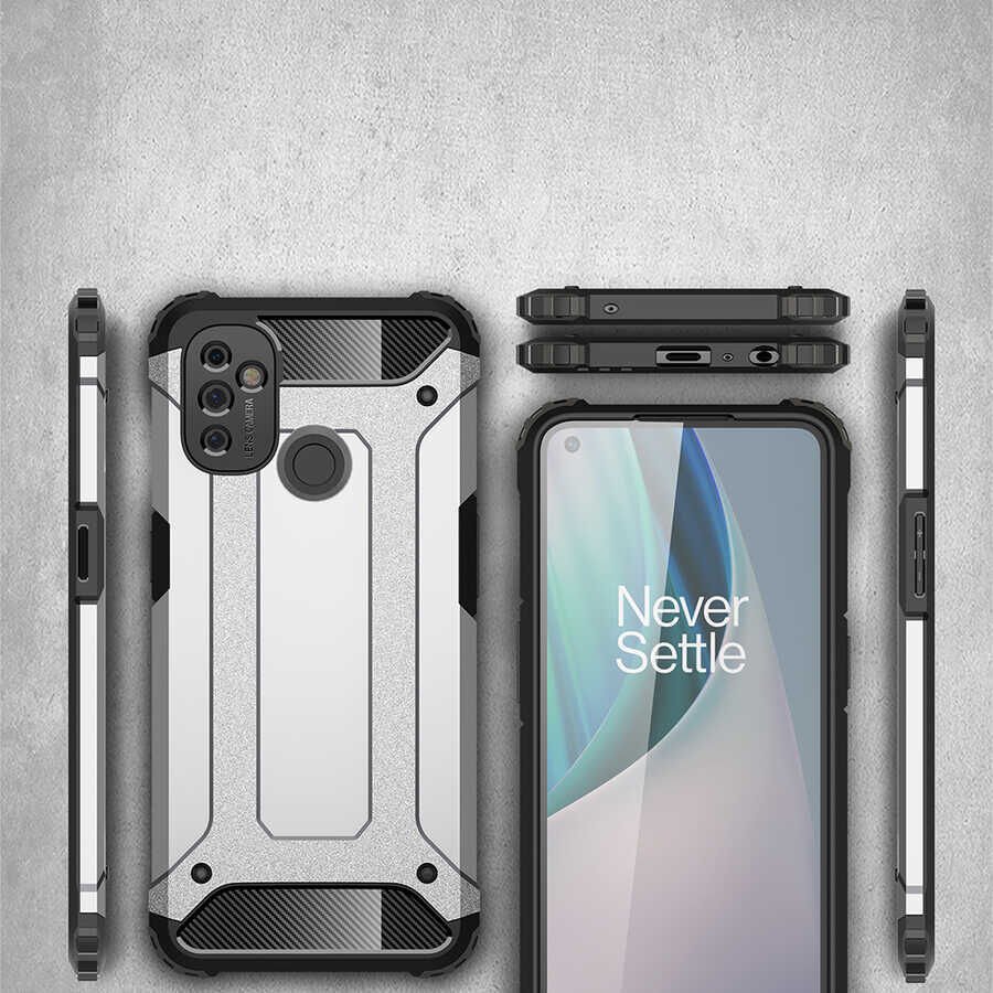 One Plus Nord N100 Kılıf Armor Köşe Korumalı Çift Katman Tank Zırh Kapak (CRASH) Gri